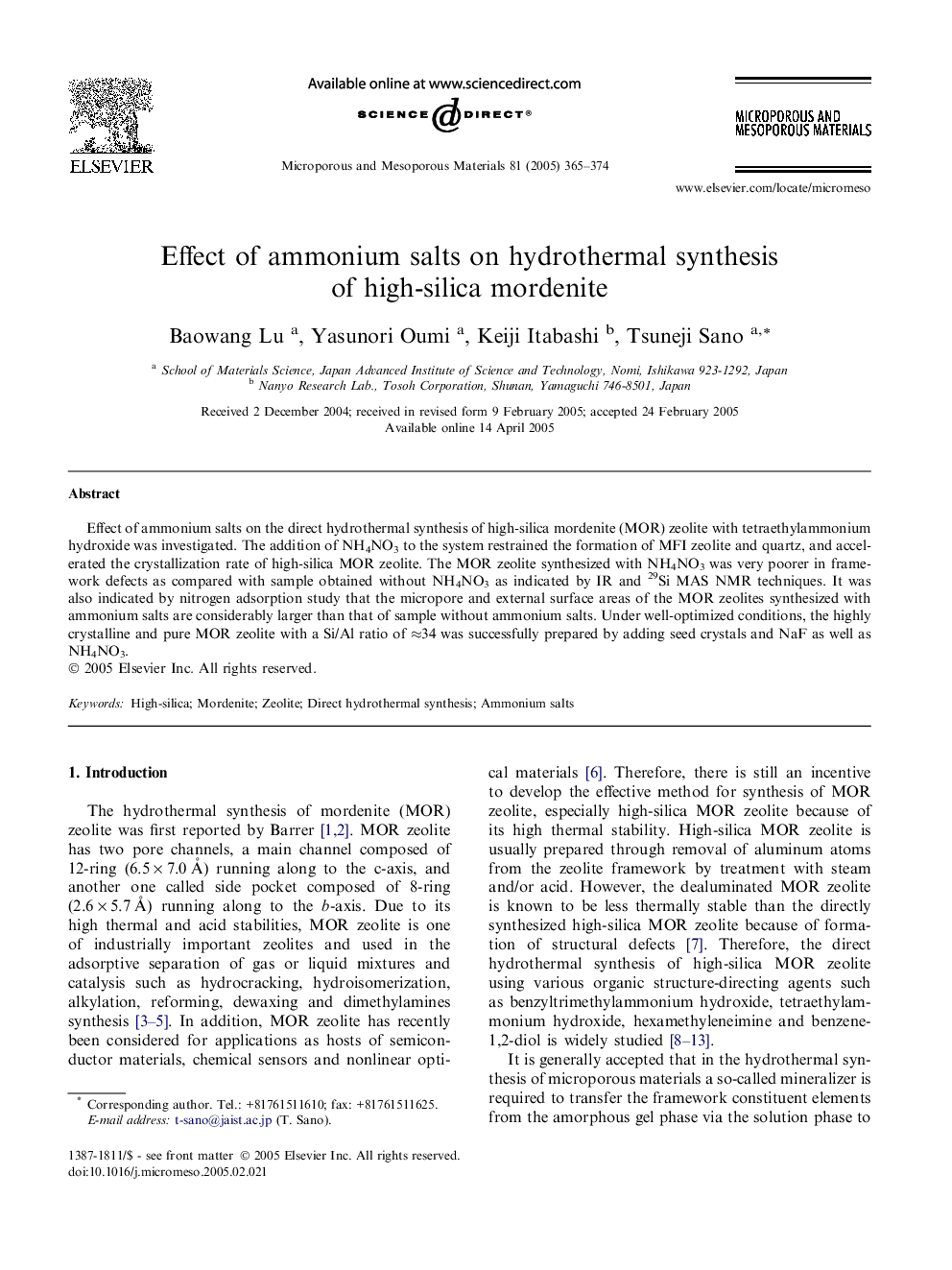 Effect of ammonium salts on hydrothermal synthesis of high-silica mordenite