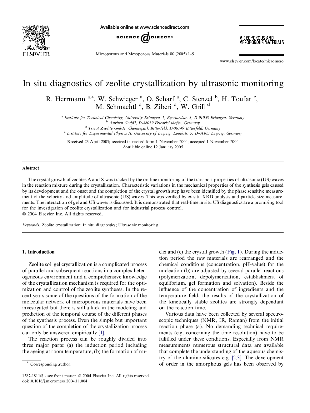 In situ diagnostics of zeolite crystallization by ultrasonic monitoring