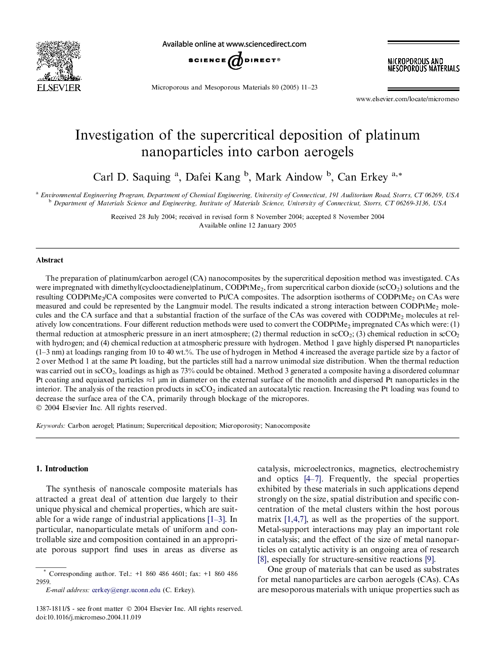 Investigation of the supercritical deposition of platinum nanoparticles into carbon aerogels