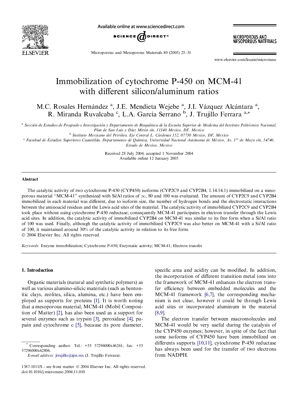 Immobilization of cytochrome P-450 on MCM-41 with different silicon/aluminum ratios