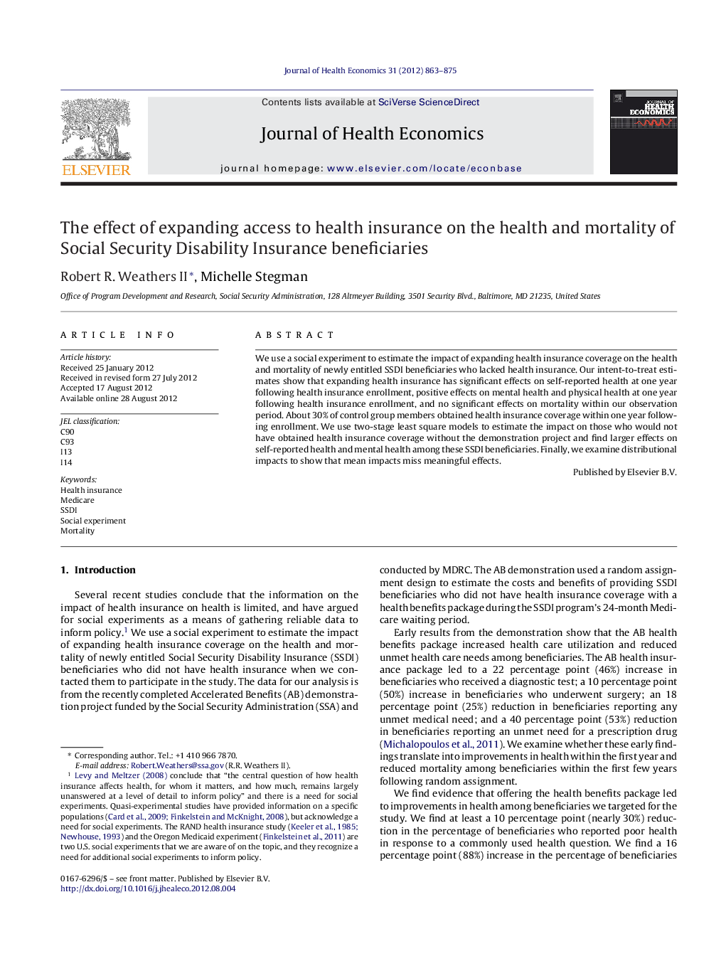 The effect of expanding access to health insurance on the health and mortality of Social Security Disability Insurance beneficiaries