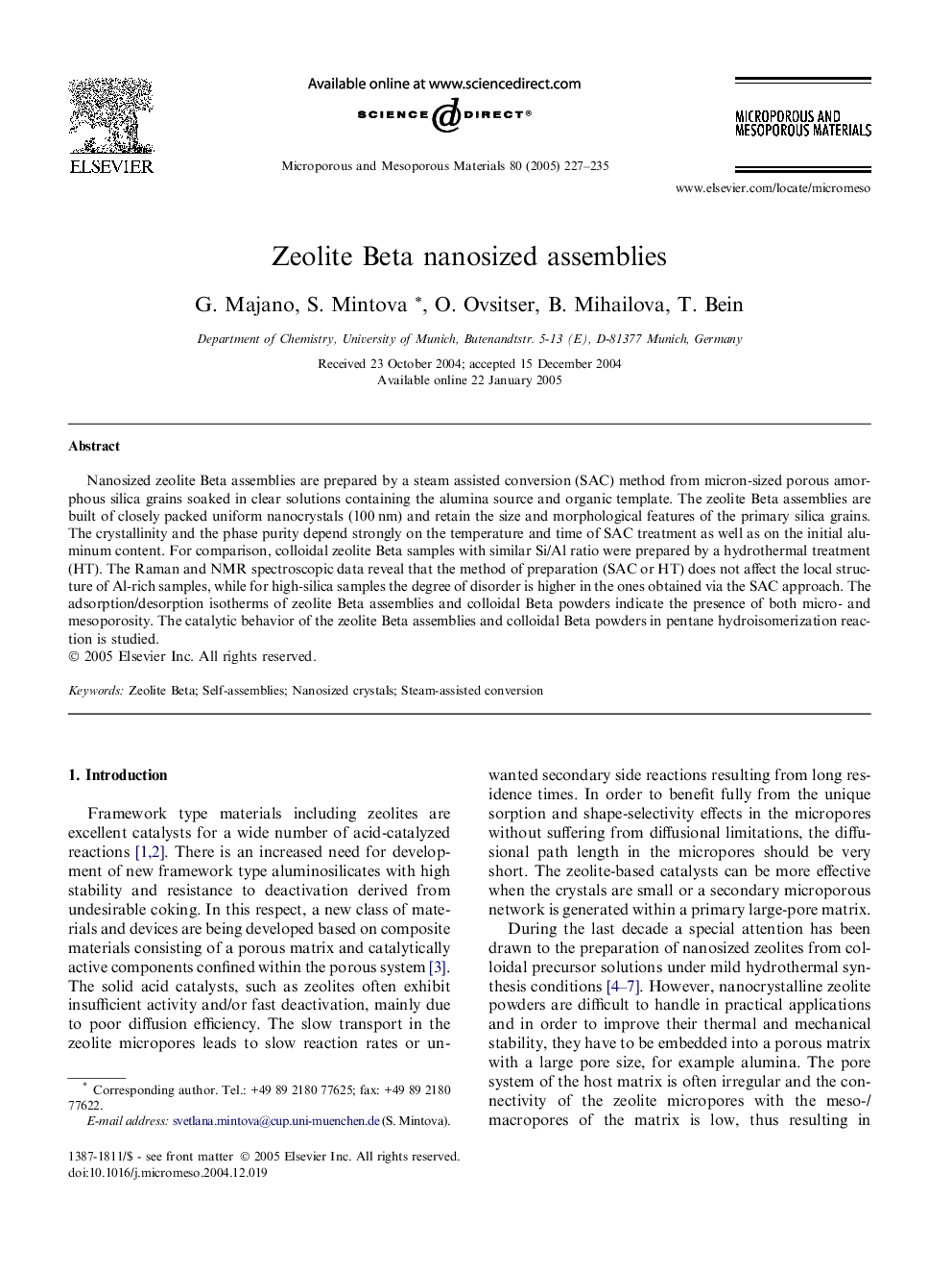 Zeolite Beta nanosized assemblies