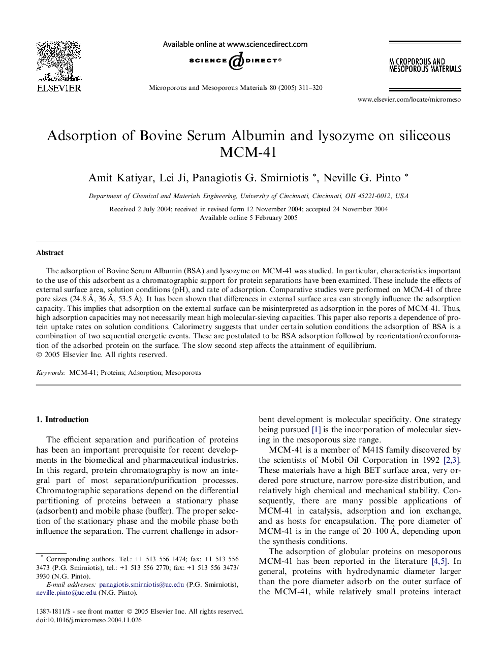 Adsorption of Bovine Serum Albumin and lysozyme on siliceous MCM-41