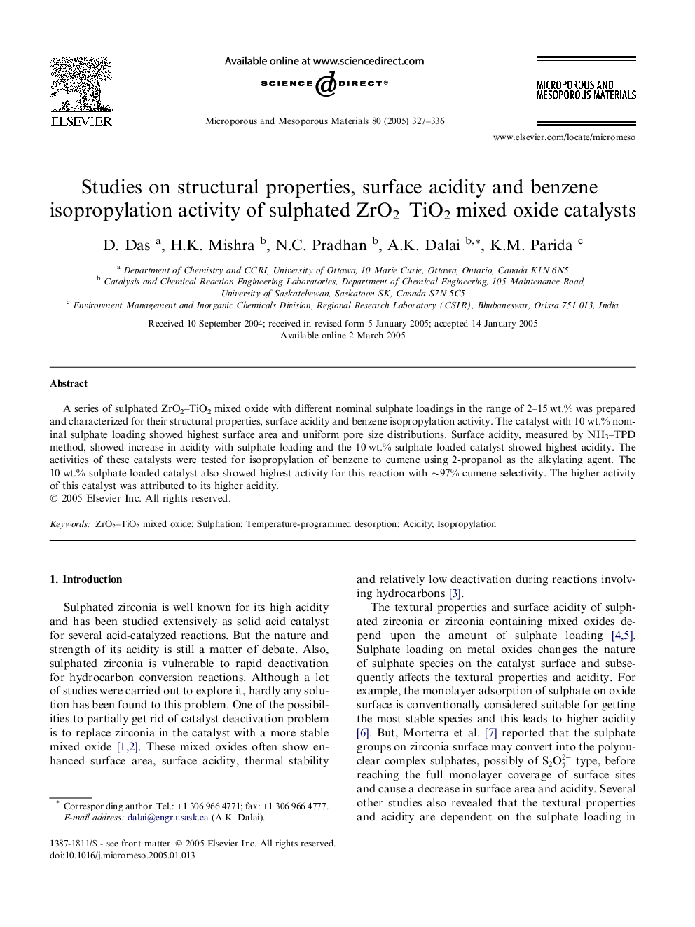 Studies on structural properties, surface acidity and benzene isopropylation activity of sulphated ZrO2-TiO2 mixed oxide catalysts