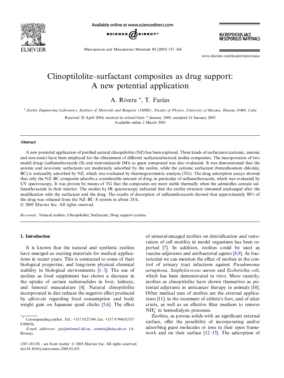 Clinoptilolite-surfactant composites as drug support: A new potential application