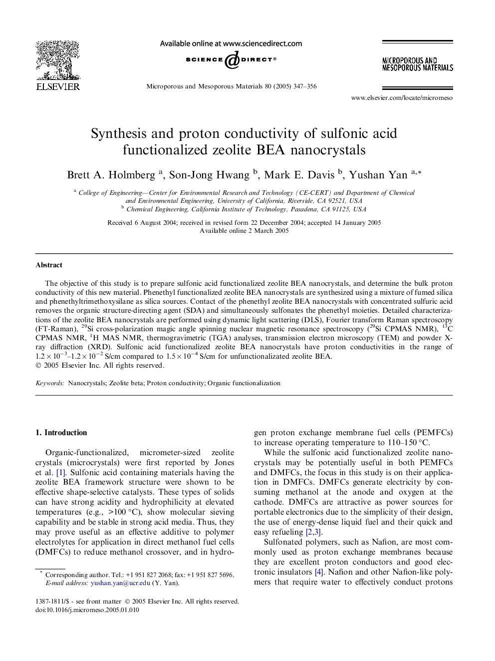 Synthesis and proton conductivity of sulfonic acid functionalized zeolite BEA nanocrystals