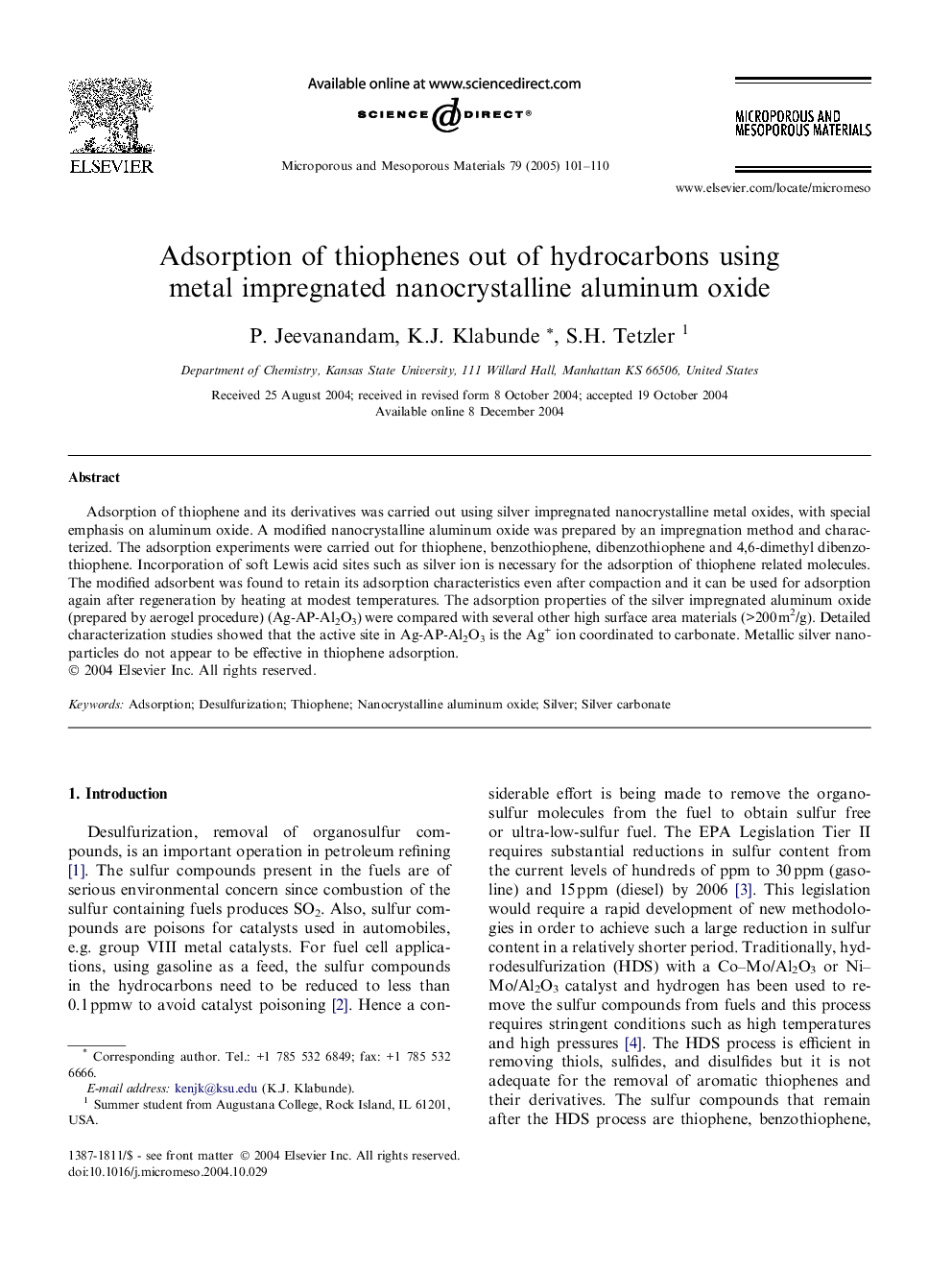 Adsorption of thiophenes out of hydrocarbons using metal impregnated nanocrystalline aluminum oxide