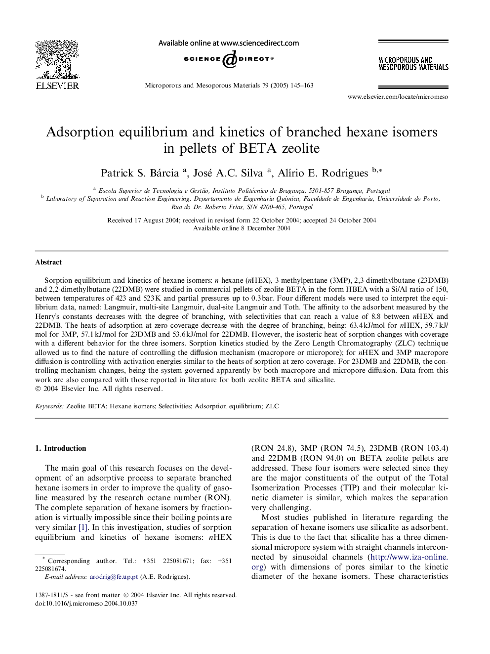 Adsorption equilibrium and kinetics of branched hexane isomers in pellets of BETA zeolite