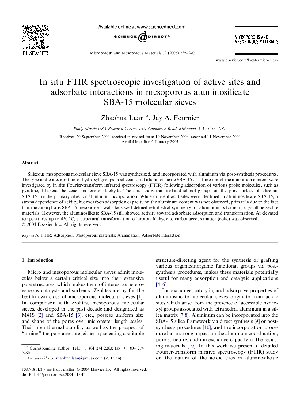 In situ FTIR spectroscopic investigation of active sites and adsorbate interactions in mesoporous aluminosilicate SBA-15 molecular sieves