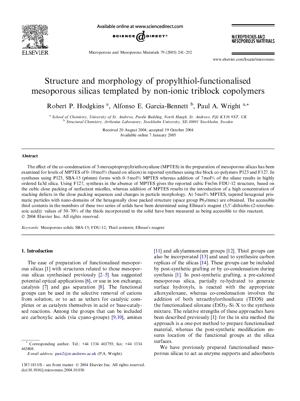 Structure and morphology of propylthiol-functionalised mesoporous silicas templated by non-ionic triblock copolymers