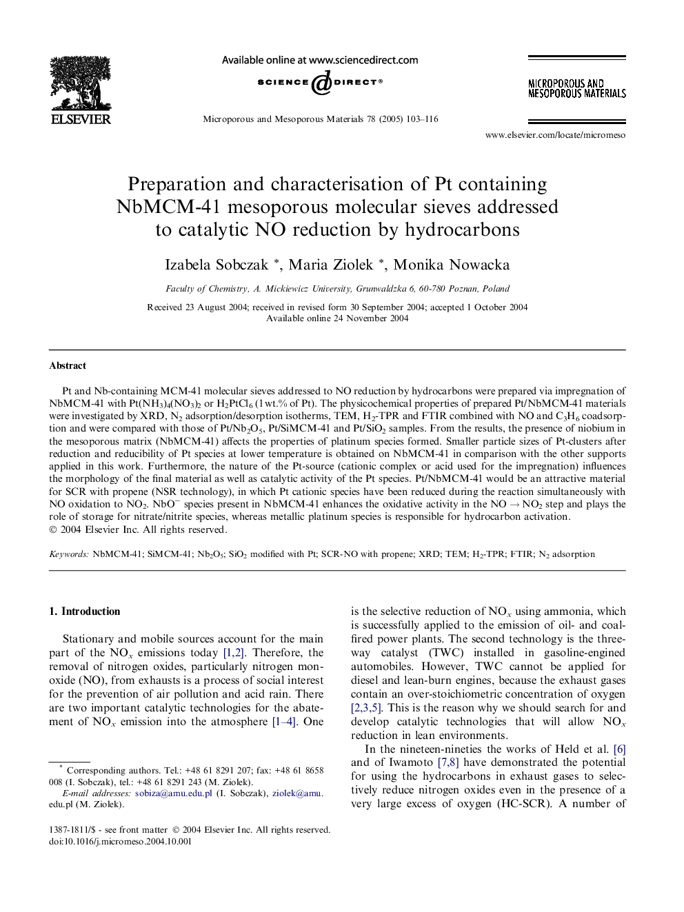 Preparation and characterisation of Pt containing NbMCM-41 mesoporous molecular sieves addressed to catalytic NO reduction by hydrocarbons