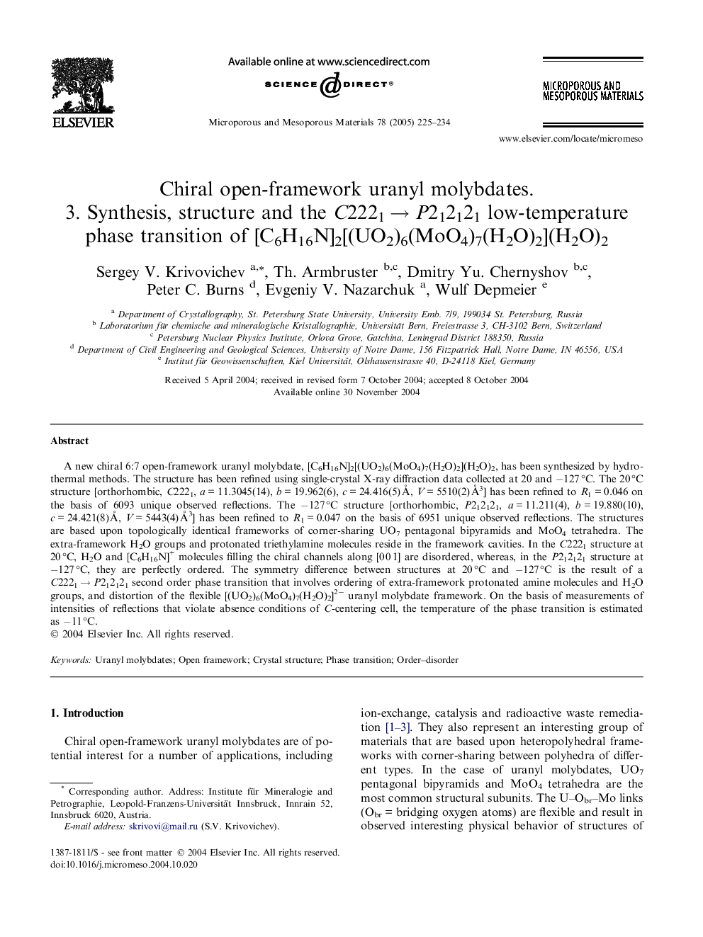 Chiral open-framework uranyl molybdates. 3. Synthesis, structure and the C2221Â âÂ P212121 low-temperature phase transition of [C6H16N]2[(UO2)6(MoO4)7(H2O)2](H2O)2