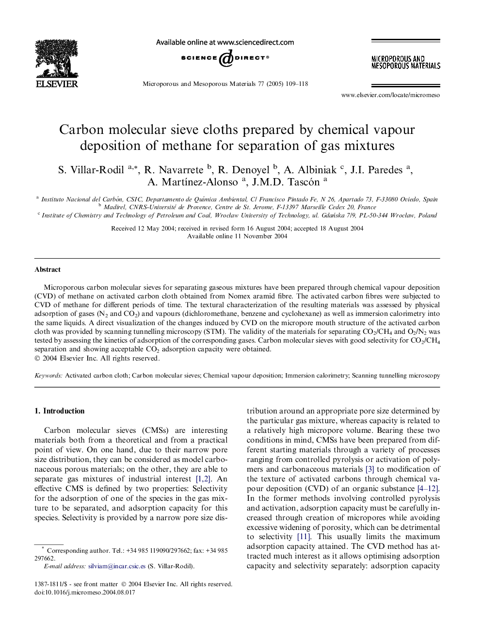 Carbon molecular sieve cloths prepared by chemical vapour deposition of methane for separation of gas mixtures