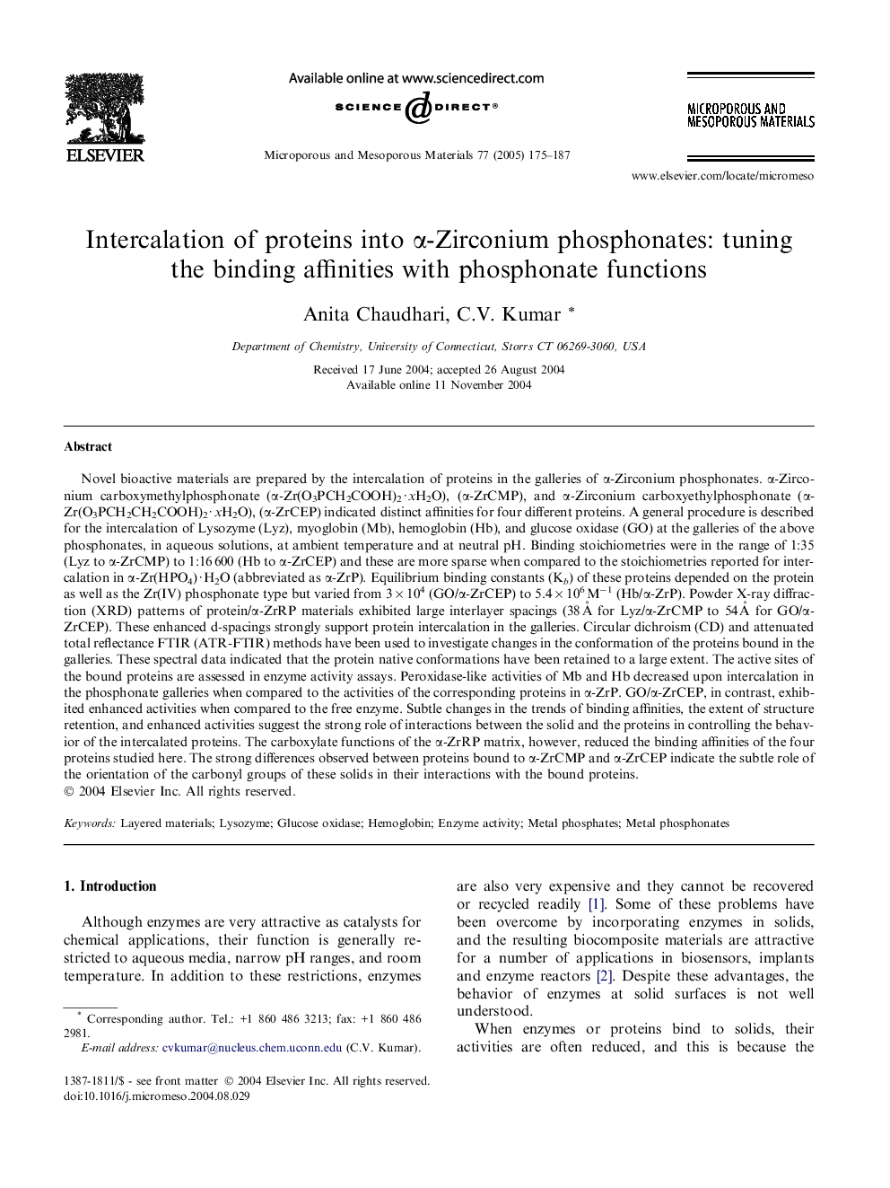 Intercalation of proteins into Î±-Zirconium phosphonates: tuning the binding affinities with phosphonate functions