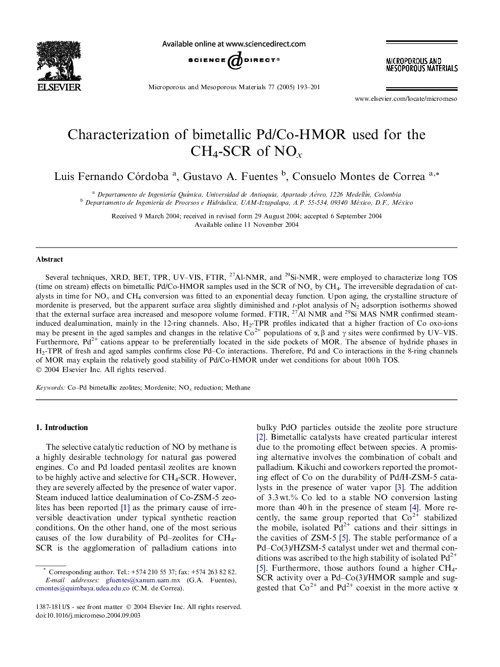Characterization of bimetallic Pd/Co-HMOR used for the CH4-SCR of NOx