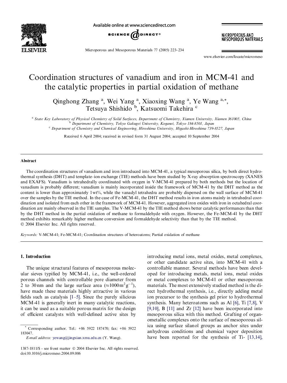 Coordination structures of vanadium and iron in MCM-41 and the catalytic properties in partial oxidation of methane