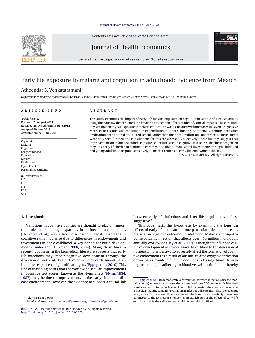 Early life exposure to malaria and cognition in adulthood: Evidence from Mexico