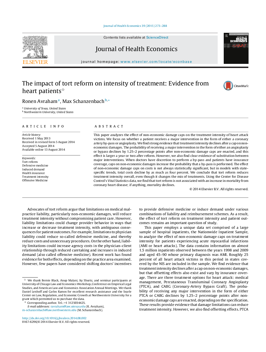 The impact of tort reform on intensity of treatment: Evidence from heart patients