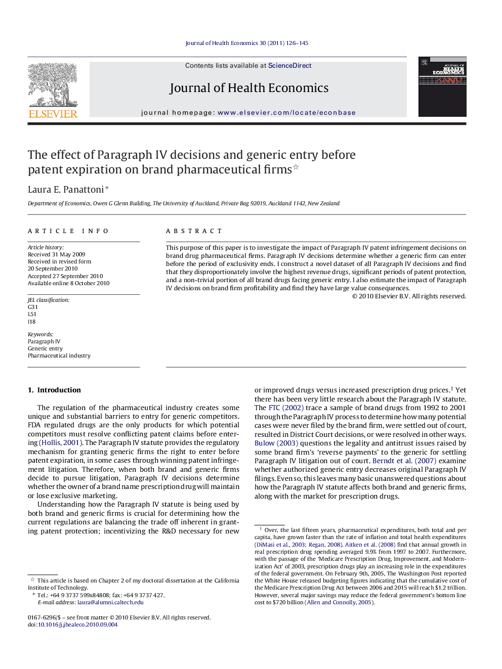 The effect of Paragraph IV decisions and generic entry before patent expiration on brand pharmaceutical firms