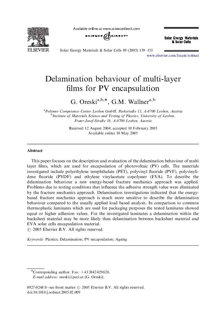 Delamination behaviour of multi-layer films for PV encapsulation