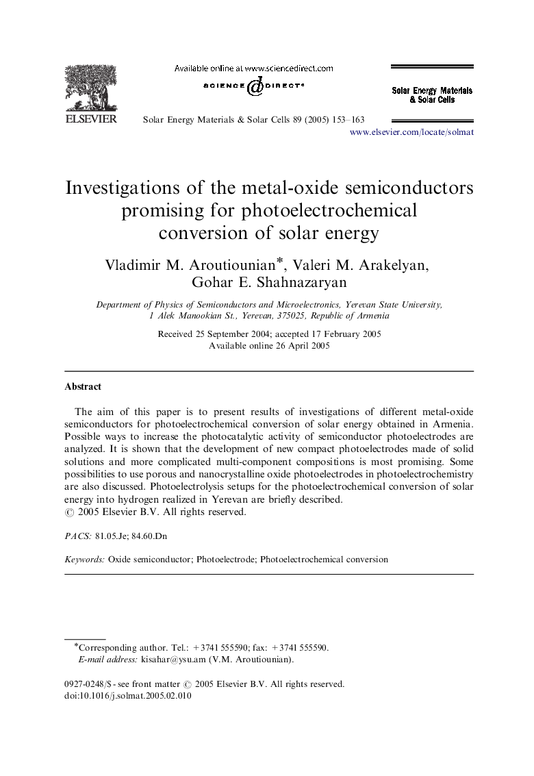 Investigations of the metal-oxide semiconductors promising for photoelectrochemical conversion of solar energy