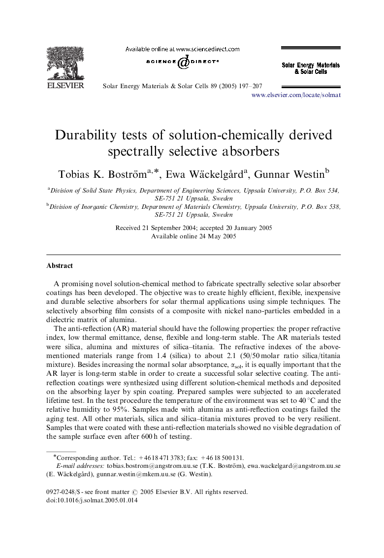 Durability tests of solution-chemically derived spectrally selective absorbers