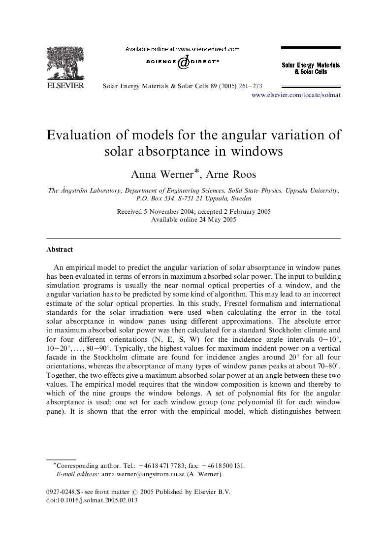 Evaluation of models for the angular variation of solar absorptance in windows