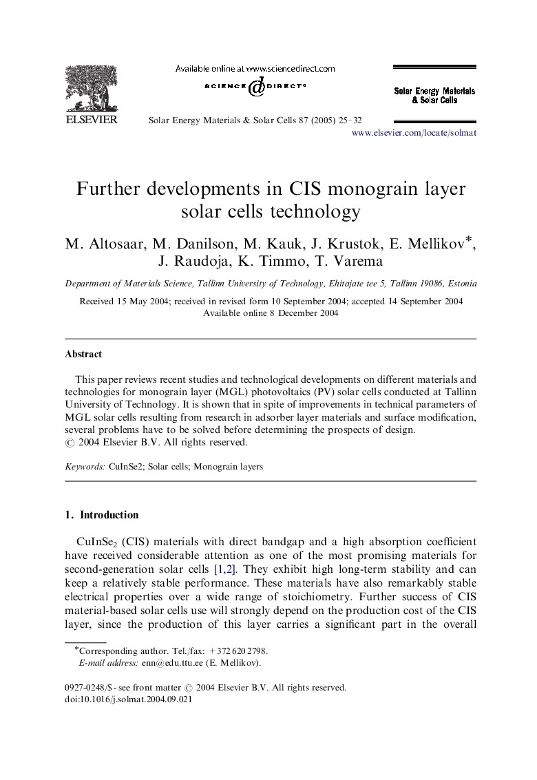 Further developments in CIS monograin layer solar cells technology