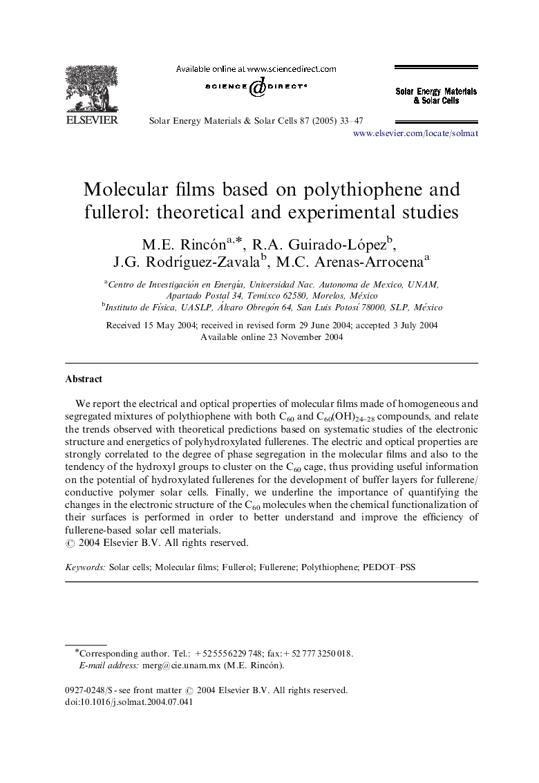 Molecular films based on polythiophene and fullerol: theoretical and experimental studies