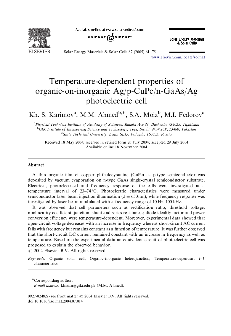 Temperature-dependent properties of organic-on-inorganic Ag/p-CuPc/n-GaAs/Ag photoelectric cell