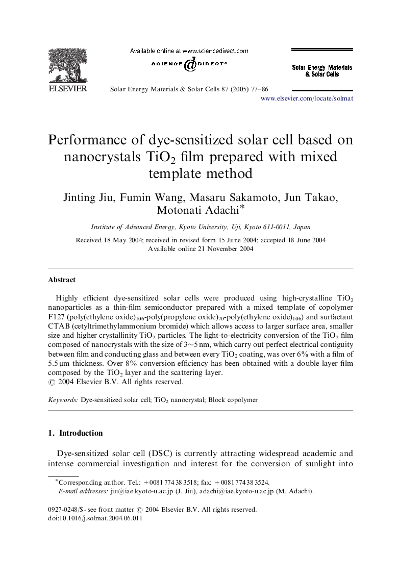 Performance of dye-sensitized solar cell based on nanocrystals TiO2 film prepared with mixed template method