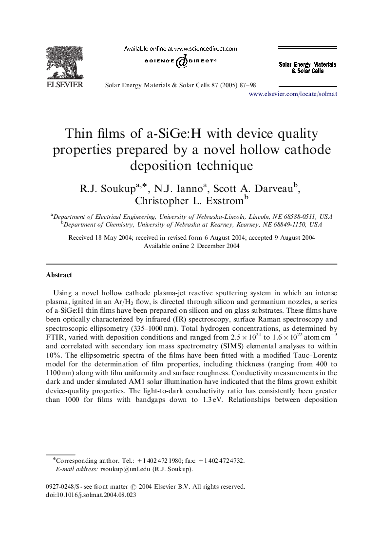 Thin films of a-SiGe:H with device quality properties prepared by a novel hollow cathode deposition technique