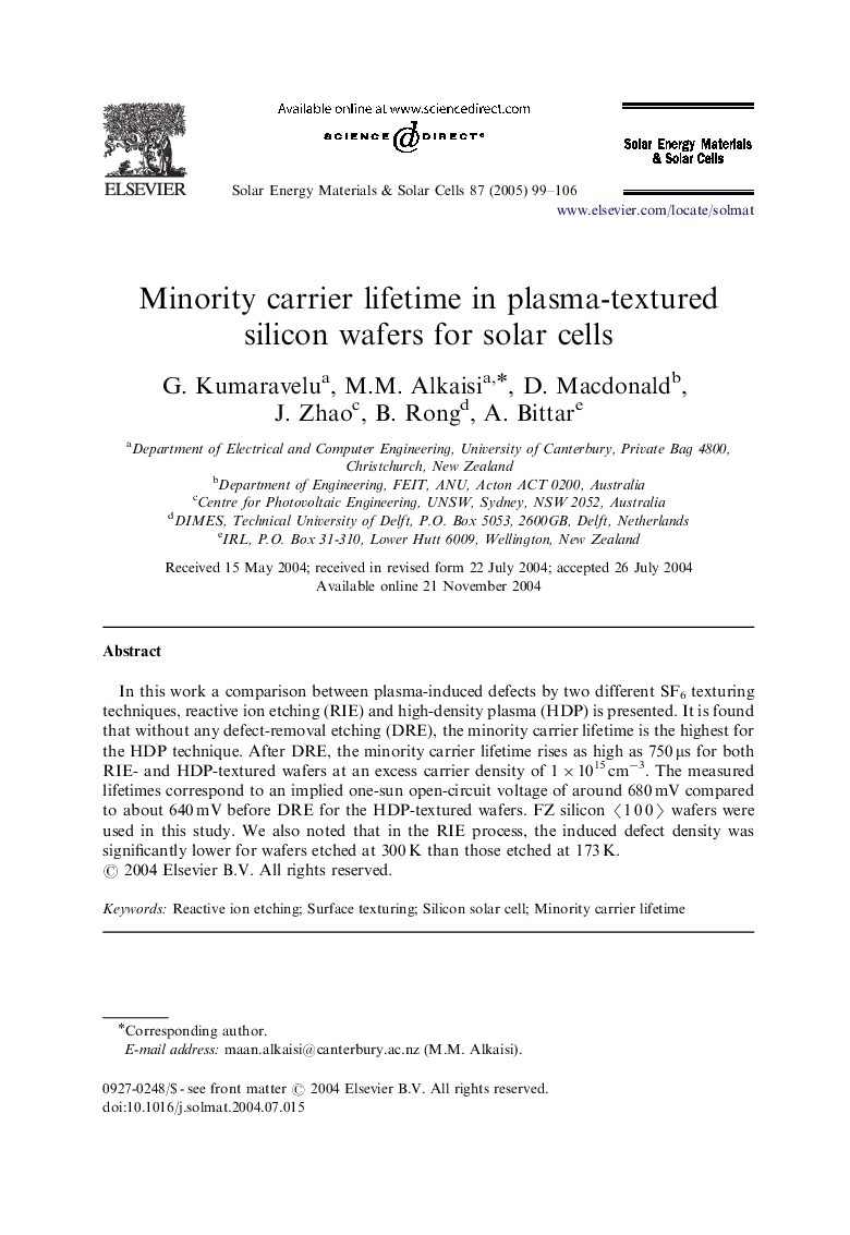 Minority carrier lifetime in plasma-textured silicon wafers for solar cells