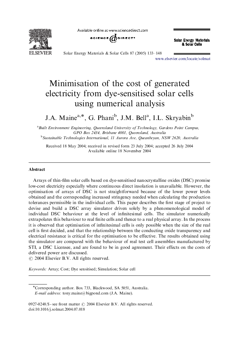 Minimisation of the cost of generated electricity from dye-sensitised solar cells using numerical analysis