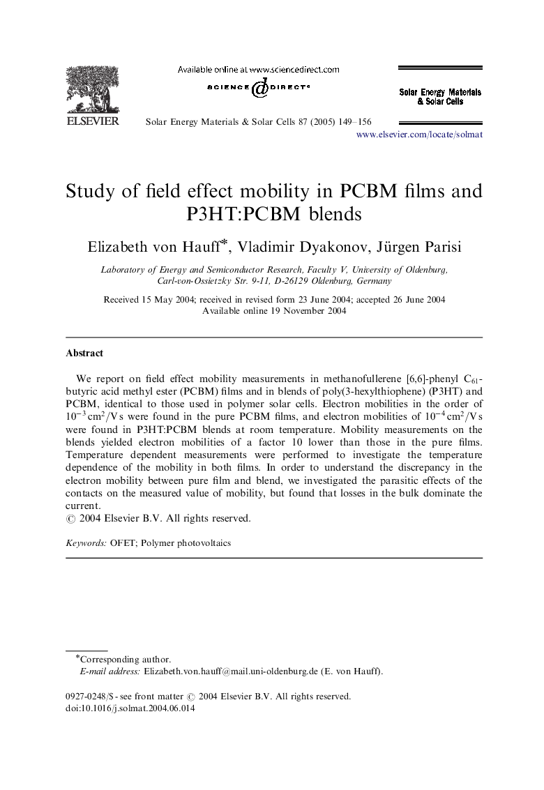 Study of field effect mobility in PCBM films and P3HT:PCBM blends