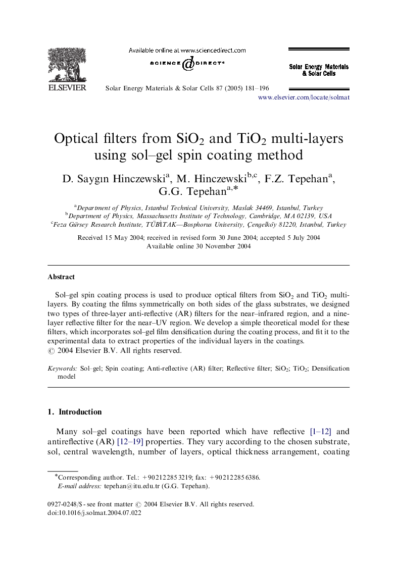 Optical filters from SiO2 and TiO2 multi-layers using sol-gel spin coating method