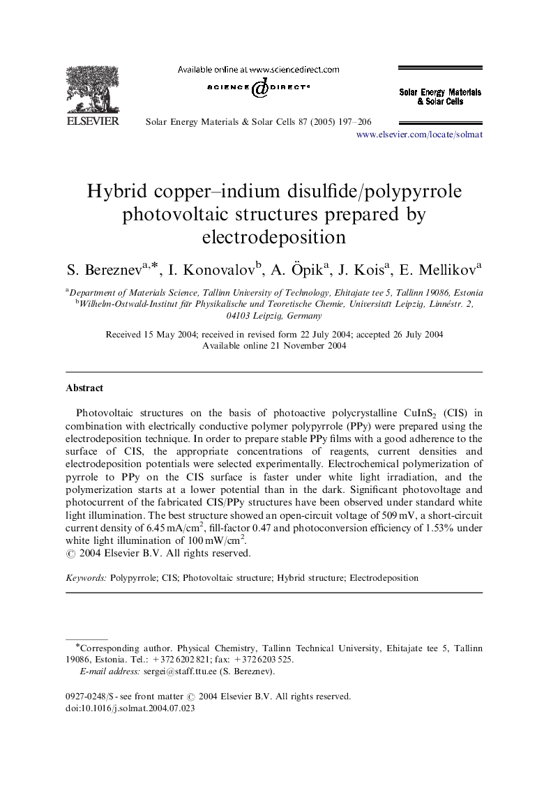 Hybrid copper-indium disulfide/polypyrrole photovoltaic structures prepared by electrodeposition