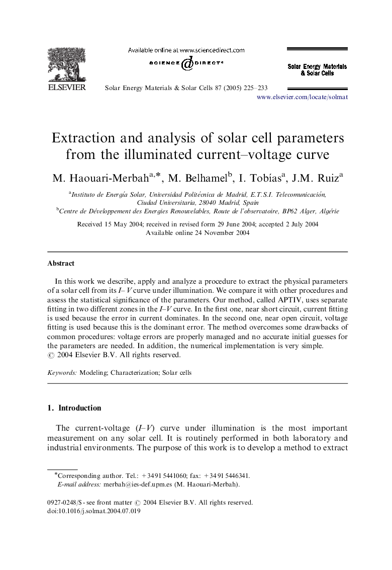 Extraction and analysis of solar cell parameters from the illuminated current-voltage curve