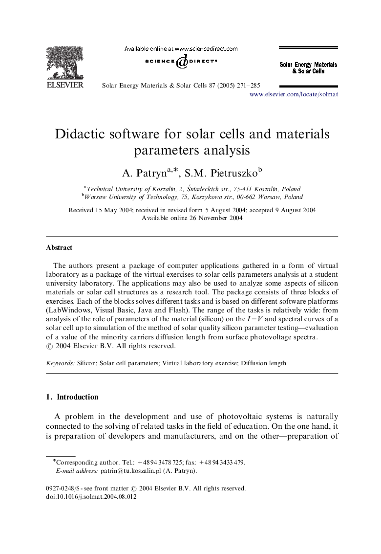 Didactic software for solar cells and materials parameters analysis