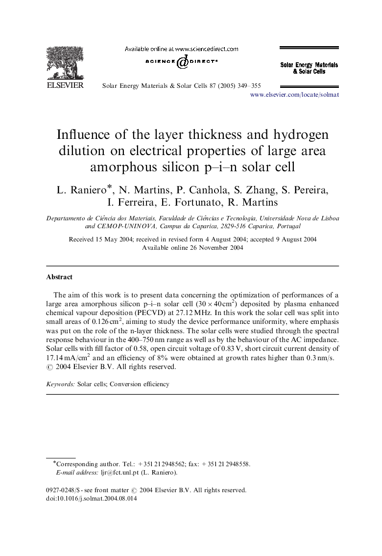 Influence of the layer thickness and hydrogen dilution on electrical properties of large area amorphous silicon p-i-n solar cell