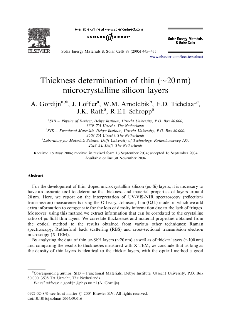 Thickness determination of thin (â¼20Â nm) microcrystalline silicon layers