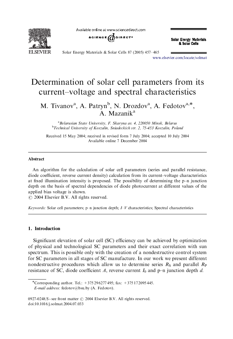 Determination of solar cell parameters from its current-voltage and spectral characteristics