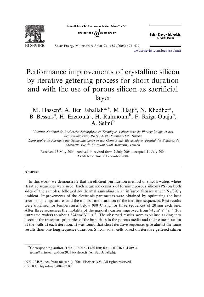 Performance improvements of crystalline silicon by iterative gettering process for short duration and with the use of porous silicon as sacrificial layer