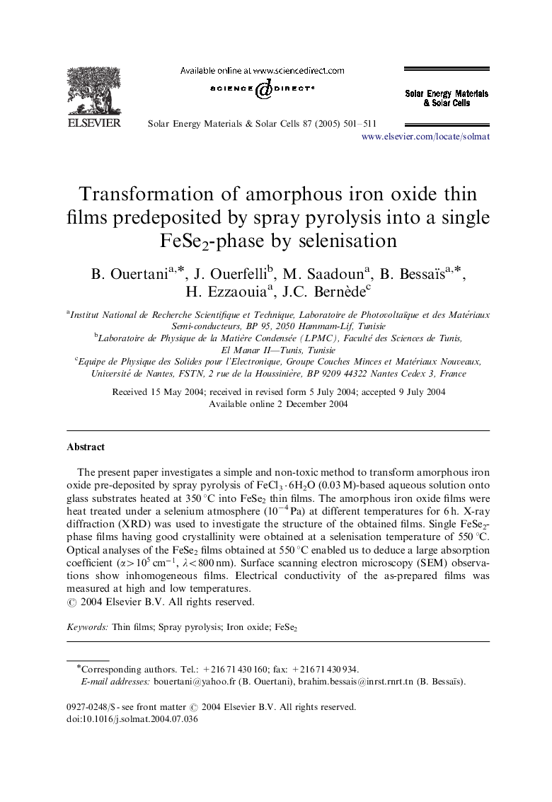 Transformation of amorphous iron oxide thin films predeposited by spray pyrolysis into a single FeSe2-phase by selenisation