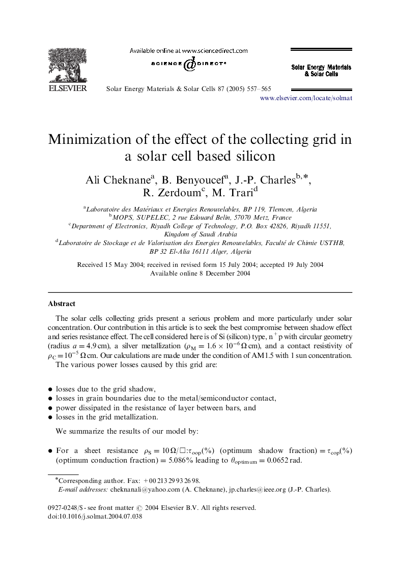 Minimization of the effect of the collecting grid in a solar cell based silicon