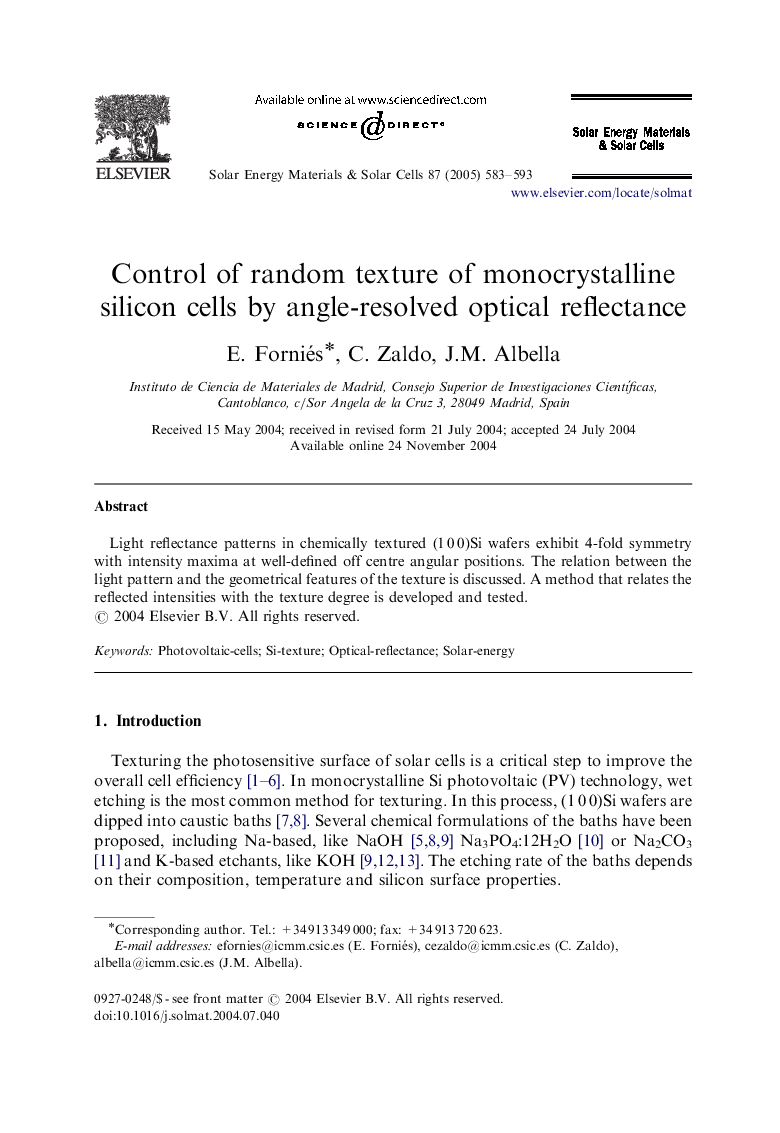 Control of random texture of monocrystalline silicon cells by angle-resolved optical reflectance