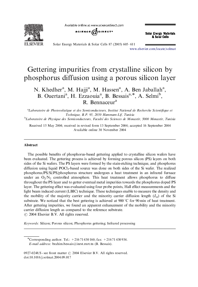 Gettering impurities from crystalline silicon by phosphorus diffusion using a porous silicon layer