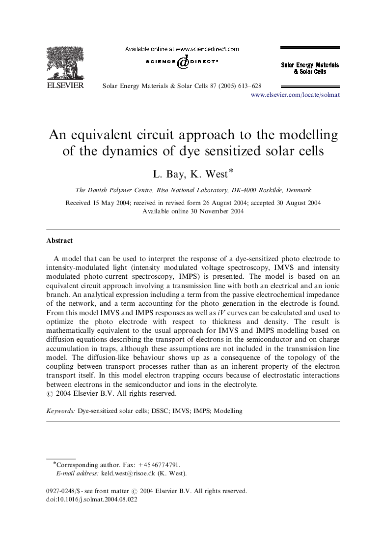 An equivalent circuit approach to the modelling of the dynamics of dye sensitized solar cells