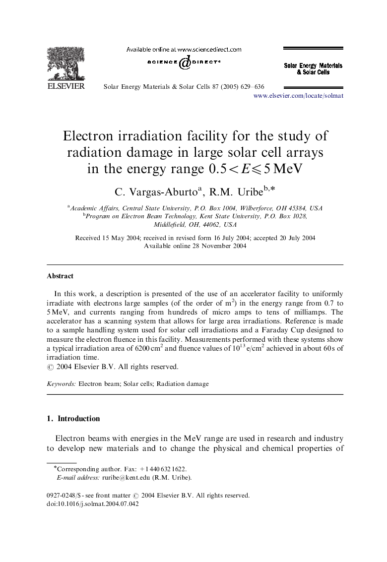 Electron irradiation facility for the study of radiation damage in large solar cell arrays in the energy range 0.5<Eâ©½5Â MeV