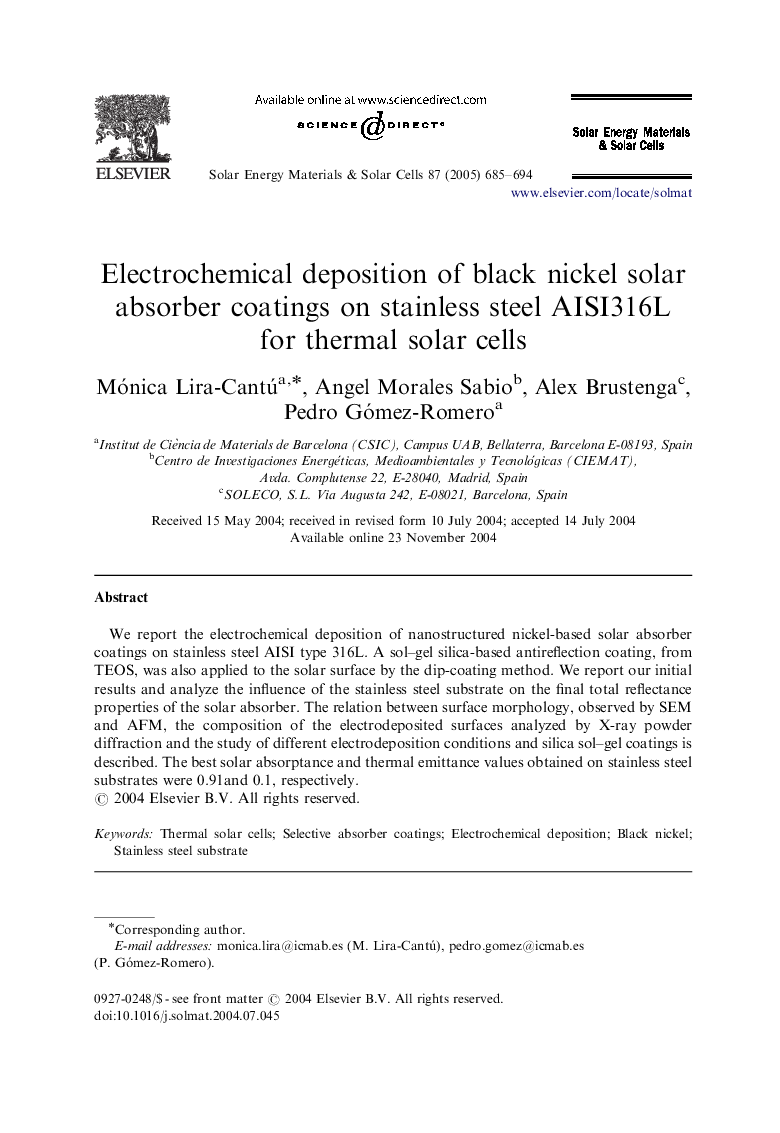 Electrochemical deposition of black nickel solar absorber coatings on stainless steel AISI316L for thermal solar cells